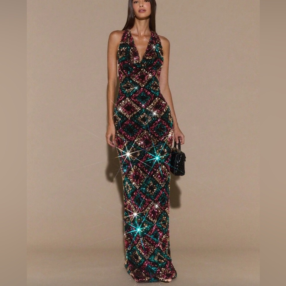 Colorful Sequin Halter Dress